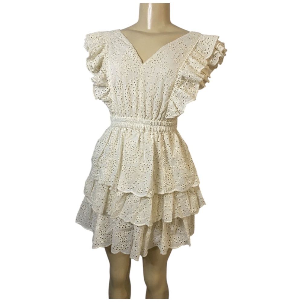 Love the Label Mini Dress XS Eyelet Tiered Ivory V-Neck Ruffles Cottage Fairy